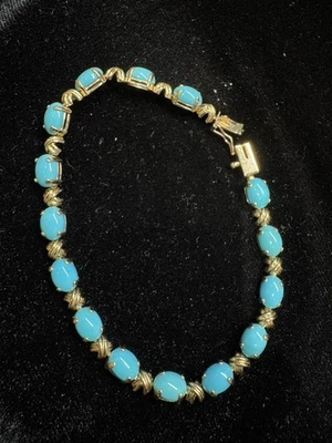 14k Yellow Gold Oval Turquoise Cabochon Tennis Bracelet   7”  5.2mm  8.25g - Image 1 of 4