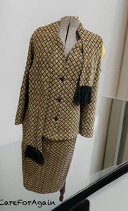Set Gonna Vintage Taglie Forti 22W Sciarpa Attaccata Giallo Senape Stampa Argyle - Foto 1 di 21