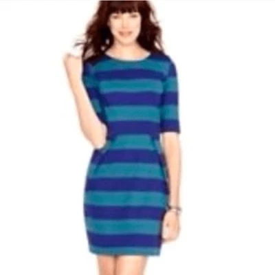 Vestido Vaina Azul Fossil Rugby Rayas Manga Corta Cuello Redondo Cremallera Trasera Talla Xs Foto 1 de 4