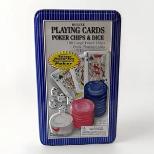 Collectors Playing Cards 100 Large Poker Chips & 5 Dice game in a Tin box - Picture 1 of 3