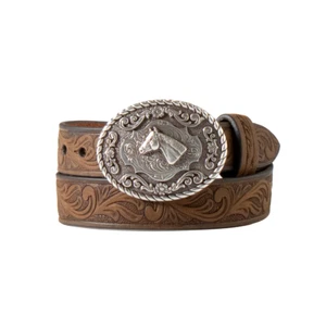 New! Infant size BROWN LEATHER BELT w/ SILVER HORSE HEAD BUCKLE in 3 SIZES! - Picture 1 of 4