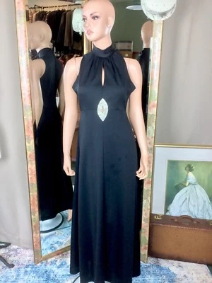 Vintage Black Maxi Dress Rhinestone Slit Peekaboo Bodice & Slit Skirt Bust 35 - Image 1 of 4