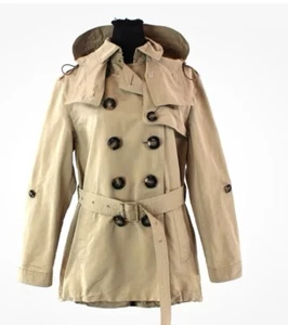 Burberry Brit Tan Double Breasted Short Hooded Trench Coat 10 Belted Peacoat - Picture 1 of 1