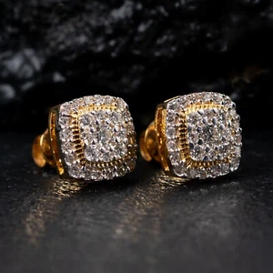 Men's 10K Yellow Gold 3D Square Authentic 0.48 Ct Natural Diamond Stud Earrings - Picture 1 of 7