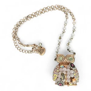 Rare Betsy Johnson Owl Pendant Necklace Gold Tone Pink Crystals And Charms-18” - Picture 1 of 8