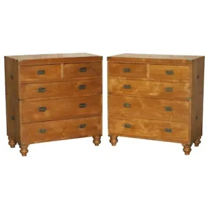 PAIR OF FINE ANTIQUE CIRCA 1920 CAMPHOR WOOD MILITARY CAMPAIGN CHEST OF DRAWERS - Picture 1 of 22