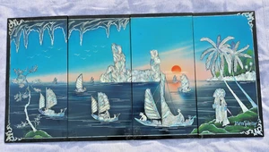 Vintage 60er MCM Kiên Giang Angelszene Perlmutt Lack 4 Tafeln Kunst - Bild 1 von 14