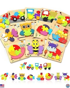 Yetonamr Wooden Toddler Puzzles Gifts Toys for Boys Girls, 12 Vehicle Shape - Picture 1 of 5