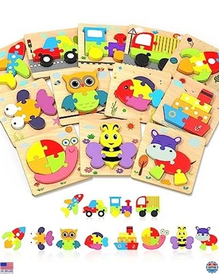 Yetonamr Wooden Toddler Puzzles Gifts Toys for Boys Girls, 12 Vehicle Shape - Image 1 of 4