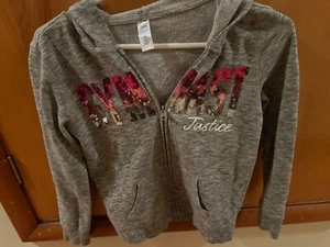 Justice Girls Gymnast' Size 10 Grey Glitter Pink Full Zip Hoodie sweatshirt Rare - Picture 1 of 4