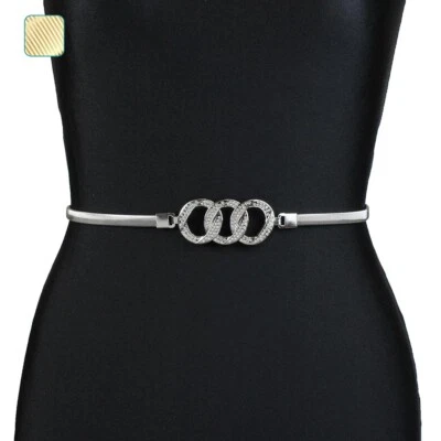 Cintura elastica donna in metallo con fibbia a cerchi strass per abiti elegante - Immagine 1 di 3