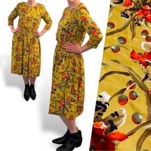 Abito midi donna toran vintage anni 80 stampa oliva vita fumè giallo verde floreale - Foto 1 di 7