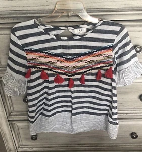 THML by Anthropologie Embroidered Flutter Sleeve Black White Stripe Zig Zag Med - Picture 1 of 10