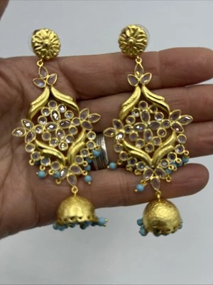 New 14K Gold Plated Sterling Silver Turquoise Quartz Dangle Earrings 3.5" long Foto 1 de 4