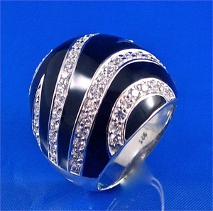 STERLING SILVE PAVE SET WHITE CZ & BLACK ENAMEL STRIPED DOME RING , SZ-7.5 - Picture 1 of 6