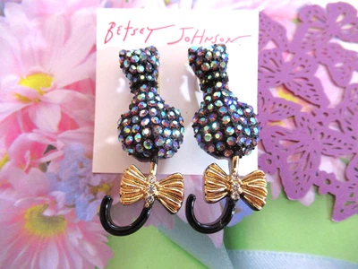 Betsey Johnson  LARGE Black Cat Stud Earrings AB Crystal  Lever back NWT - Image 1 of 4