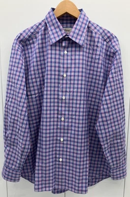 Brioni Shirt Mens XL Blue Pink Plaid Dress Long Sleeve Button Front Made Italy - Image 1 of 4