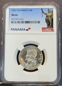 1961 PANAMA SILVER 1/4 BALBOA VASCO NUNEZ DE BALBOA NGC MS 66 FROSTY GEM BU COIN - Picture 1 of 3
