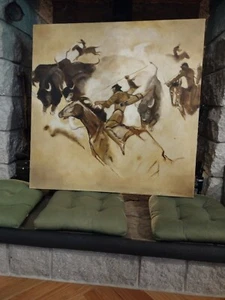 Benavides Original Ölgemälde, Indianer Büffeljagd, 1979 Vintage - Bild 1 von 9