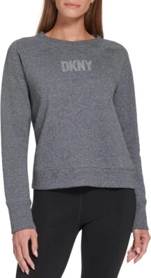 Novo com etiquetas! Blusa moletom feminina DKNY tamanho XS logotipo strass manga comprida gola redonda - Imagem 1 de 4