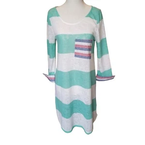 Pink Blush Dress Long Shirt Beach Coverup Green White Stripes Pocket Cuffs TAGS - Picture 1 of 15