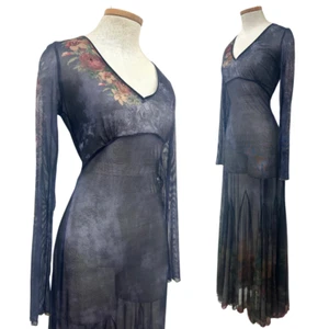 Vintage Y2K Michal Negrin Embellished Crystal Mesh Floral Navy Blue Maxi Dress - Picture 1 of 9
