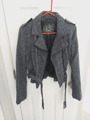 Last Kiss 女式时尚夹克大号蓝色白色粗花呢内衬西装外套腰带拉链 — 第 1/4 张图片