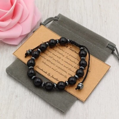 BLACK TOURMALINE Bracelet Handmade Gift Bag + Card Crystal Gemstone 8mm. - Image 1 of 4