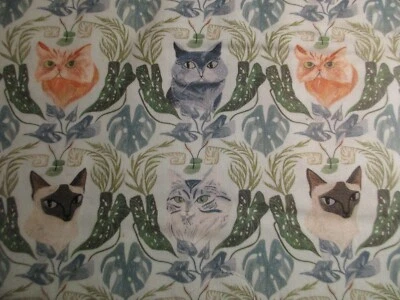 Tecido de algodão novo de 1 jarda Dear Stella gatos gatinho rostos samambaias frondes Rae Ritchie - Imagem 1 de 3
