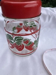Vintage Strawberry Glass Jar Storage Container with Red Plastic Twist Lid Red - Picture 1 of 10