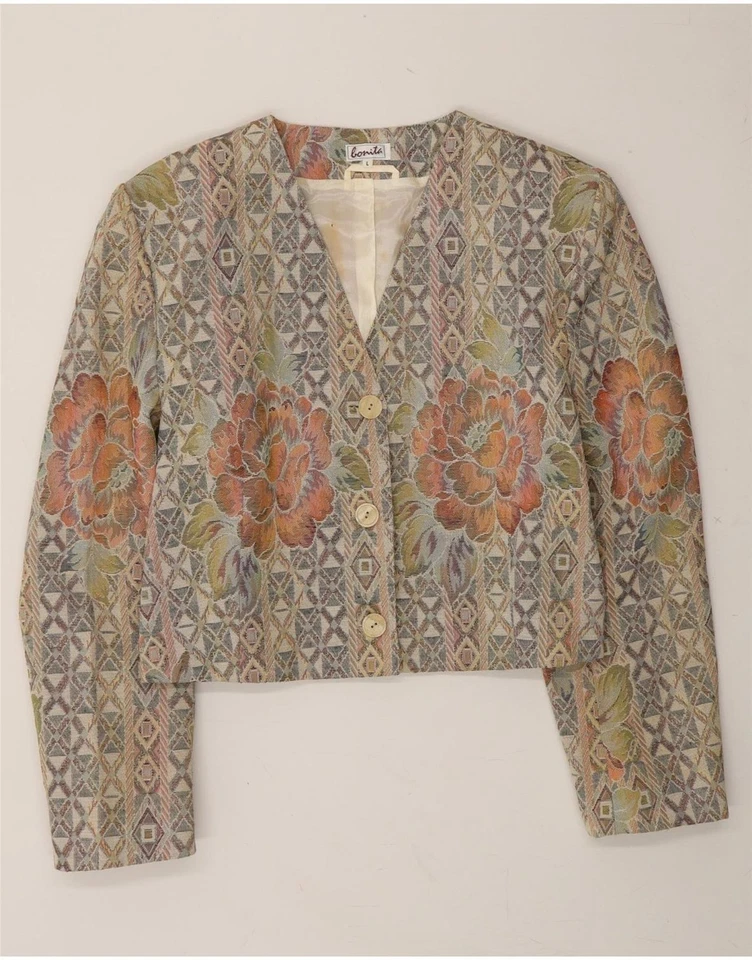 BONITA Womens Crop 3 Button Blazer Jacket UK 16 Large Beige Floral CX10 - Image 1 of 3