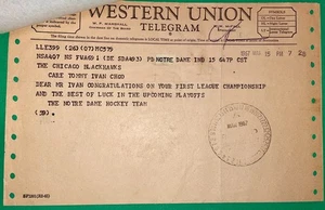 University Notre Dame Hockey Chicago Blackhawks Telegram 1967 NHL League Champs - Picture 1 of 4