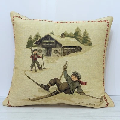 HINES Of Oxford Tapestry Throw Pillow Children Ski Lodge Cabin Velvet Back 20" - Image 1 of 4