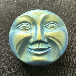 Vintage Czech Moon Face Painted Pressed Blue glass button VGC 32mm - Picture 1 of 5