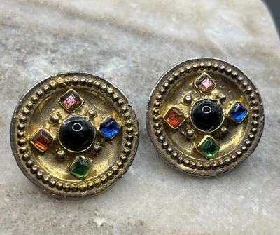 Ben Amun VTG 80'S LG MULTI Color GOLD BYZANTINE STYLE STATEMENT CLIP EARRINGS - Image 1 of 4