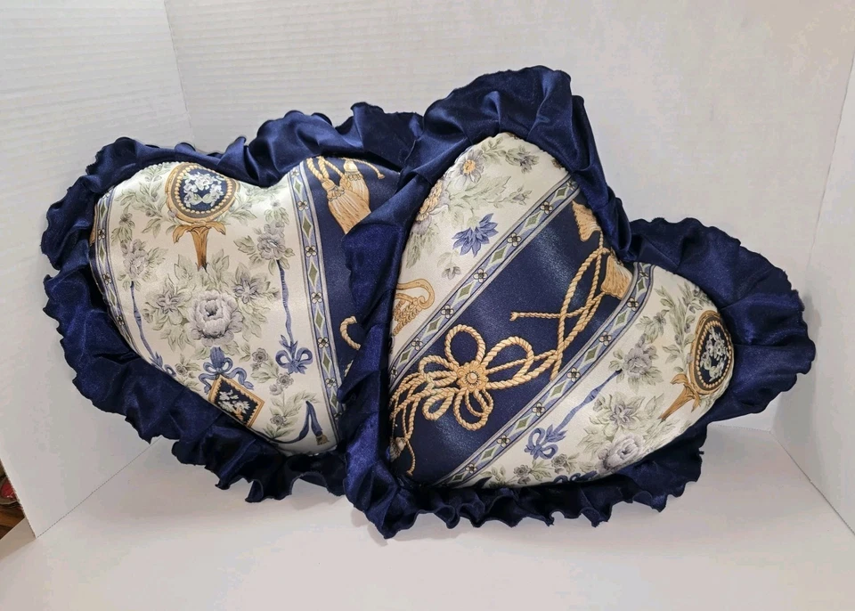 2 Heart Shape Throw Pillows Navy Blue Satin Silk Ruffle Trim Baroque Regal Style - Image 1 of 4