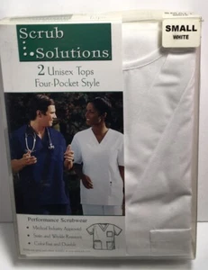 SCRUB SOLUTIONS 2 PACK Performance V-NECK SCRUB TOPS UNISEX WHITE 4 Pockets NIP - Picture 1 of 4