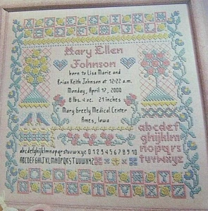 Cross Stitch "WHAT ARE GIRLS MADE OF" pattern - baby sampler, flowers - Picture 1 of 1