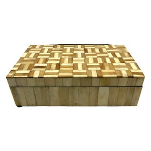 Vintage Tessellated Bone Lidded Wood Box Velvet Interior for Storage or Trinkets - Picture 1 of 6
