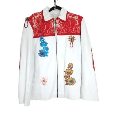 Chaqueta de cuero Sun Goddess blanca con apliques florales de rinoceronte pasarela sudafricana XL Foto 1 de 4