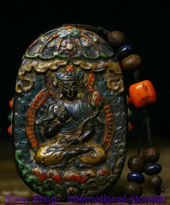 3,2-дюймовые кулоны богини Гуань-Инь с инкрустацией старыми тибетскими метеоритами бусинами дзи - Изображение 1 из 4