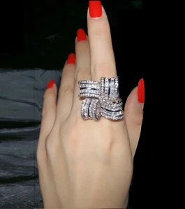 18k White Gold Filled Bow Big Index Ring made w Swarovski Crystal Stone Gorgeous - Picture 1 of 12