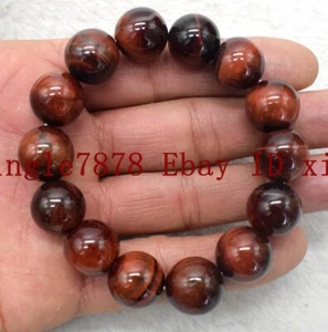 Natural 14mm Red Tiger's Eye Gemstone Round Beads Elastic Bracelet 7.5" AAA+ - Picture 1 of 12