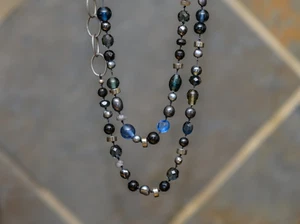 Long Labradorite, Pearl and Pyrite Vintage Hand-knotted Necklace - Picture 1 of 5
