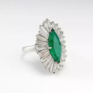 Large Marquise  Emerald Diamond Engagement Ring Pendant Cocktail Platinum 1950s - Picture 1 of 10