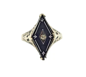 Antique Edwardian Art Deco Diamond Onyx & 14K White Gold Filigree Navette Ring - Picture 1 of 6