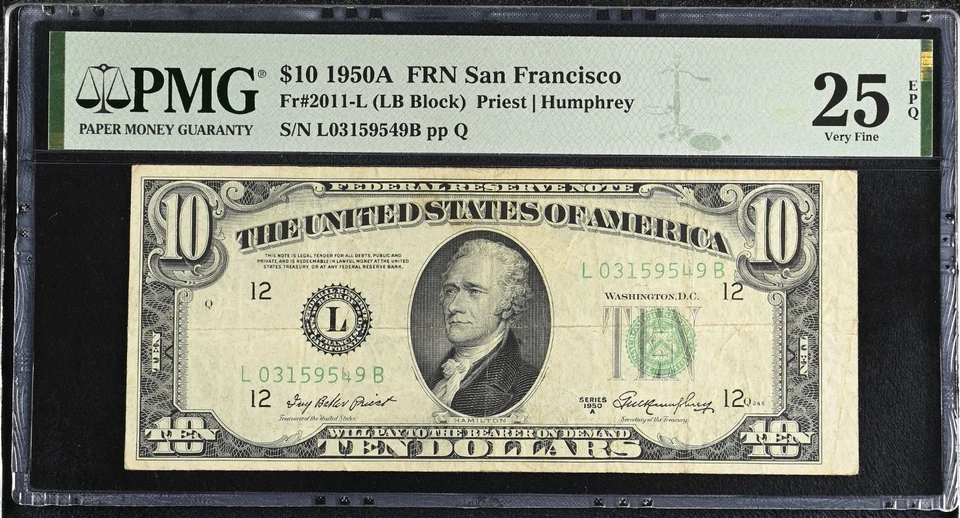 $10 1950A San Francisco Federal Reserve Note Fr.2011-L - PMG 25 EPQ - Image 1 of 2