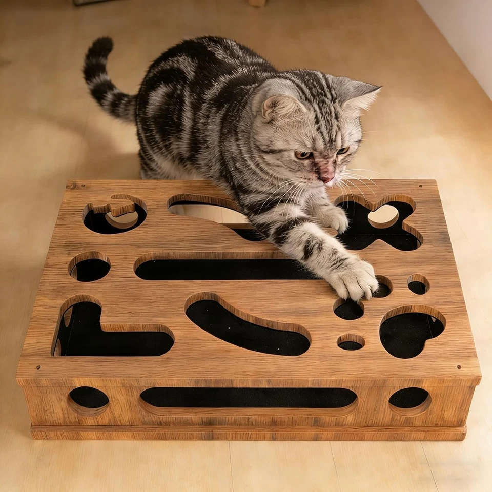 Cat царапины головоломка обогащения коробка, содержит наждачную бумагу внутри (коричневый) - Изображение 1 из 4