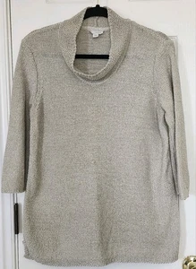 J Jill Pure Jill Beige 3/4 Sleeve Ribbon Knit Cowl Neck Tunic Sweater Size L - Picture 1 of 6