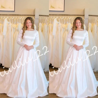 Simple Satin Wedding Dresses Long Sleeves Sweep Train Scoop Neck Bridal Gowns - Image 1 of 4